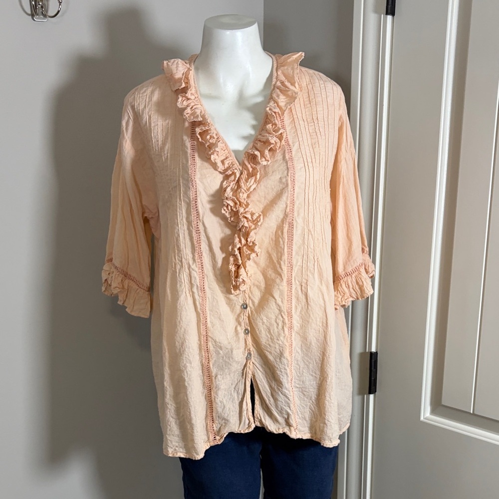 JP and Mattie Ruffle Button Front Blouse Pink V Neck Loose Fit Boho Sz XL